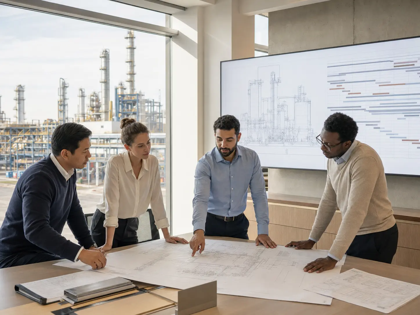 International EPC team reviewing project delivery assumptions in a modern engineering office