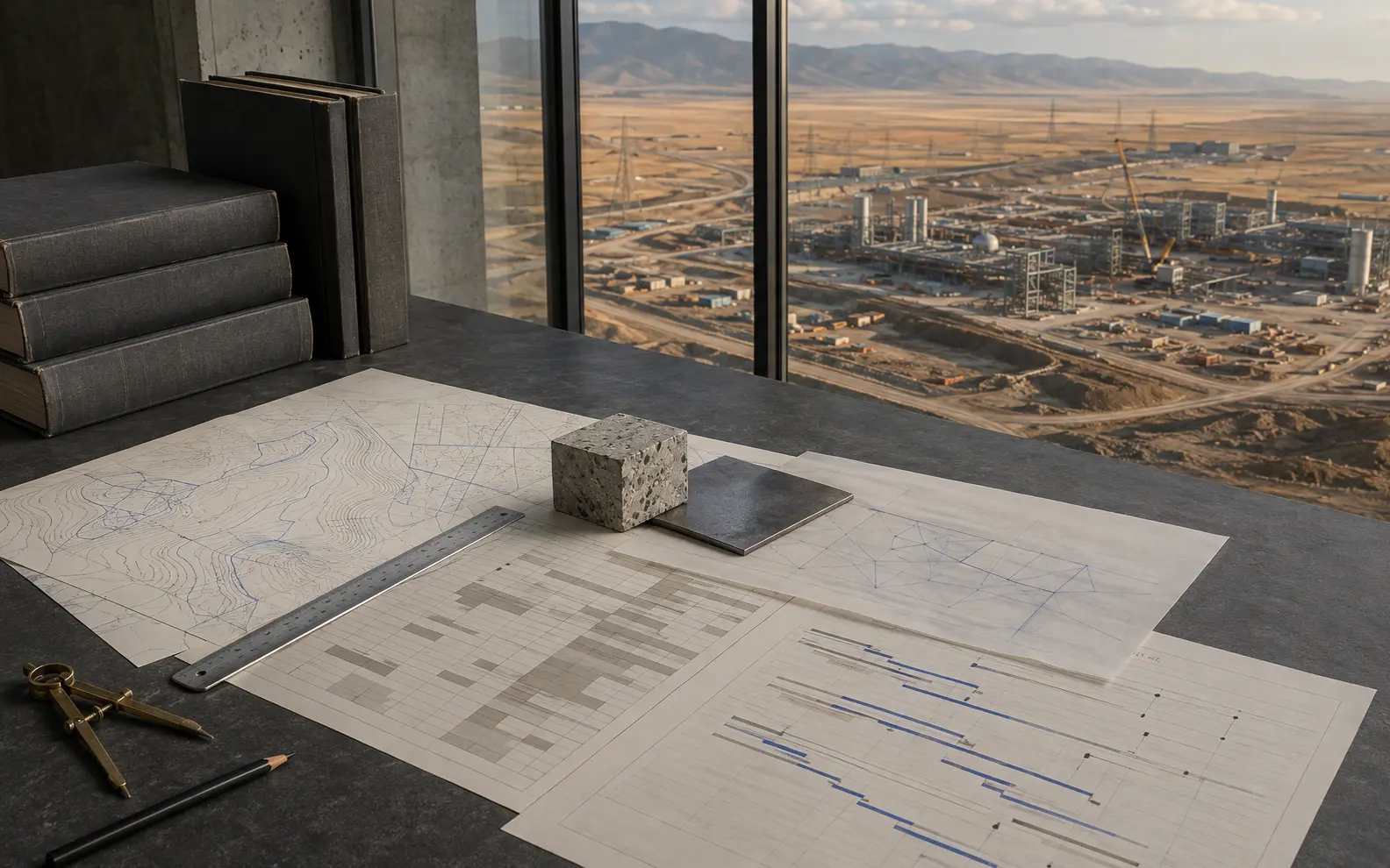 Market-intelligence desk with plans, project controls and an industrial site
