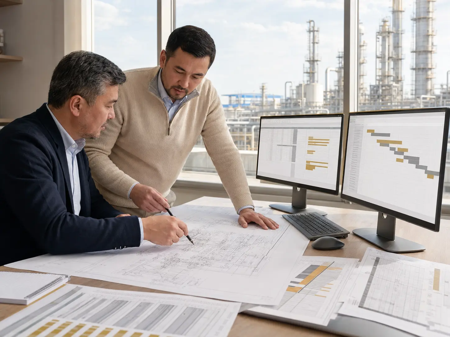Engineering and cost specialists reviewing drawings, CAPEX and programme information